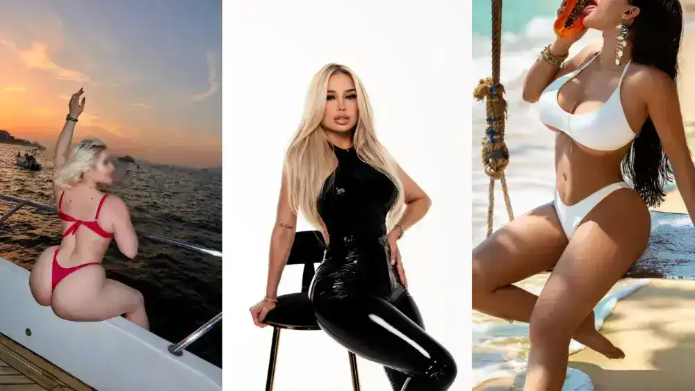 Three-panel collage of women in swimwear and fashion outfits.
