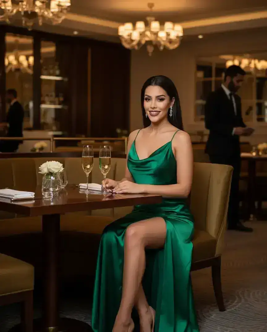 Woman in green satin dress at a luxurious restaurant.